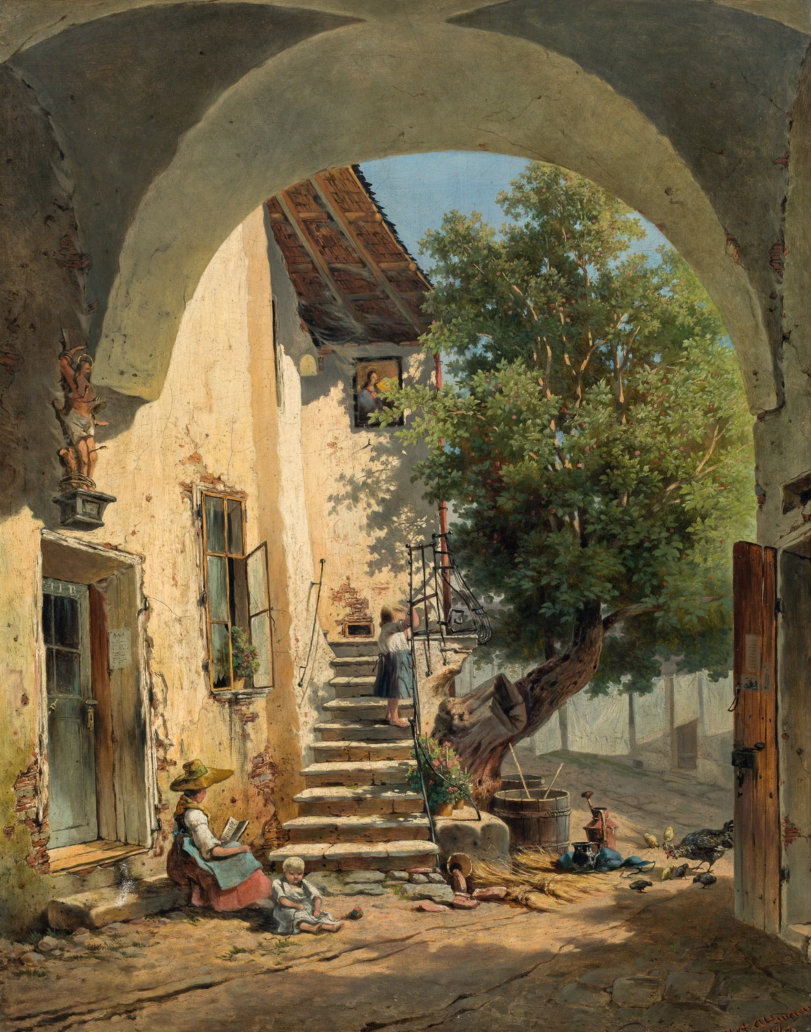 Madre con bambini davanti a una casa a Mödling, 1868